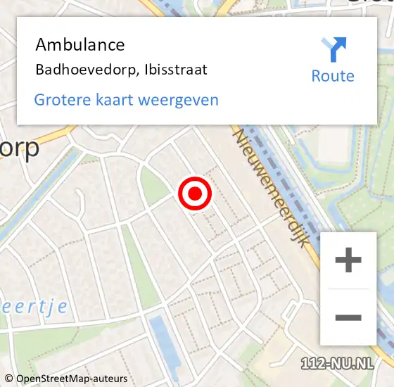 Locatie op kaart van de 112 melding: Ambulance Badhoevedorp, Ibisstraat op 27 november 2023 11:58