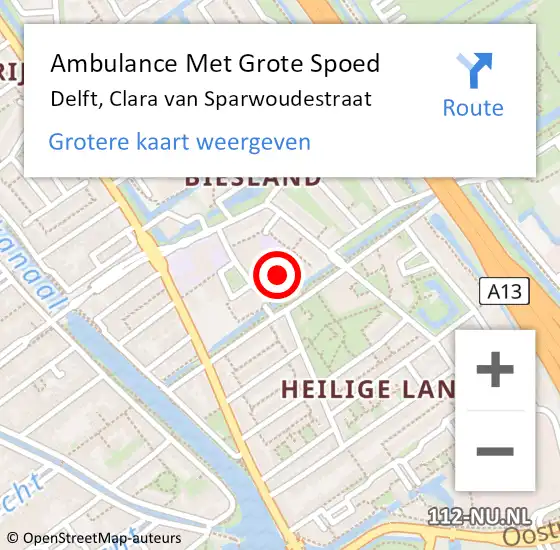 Locatie op kaart van de 112 melding: Ambulance Met Grote Spoed Naar Delft, Clara van Sparwoudestraat op 27 november 2023 12:20