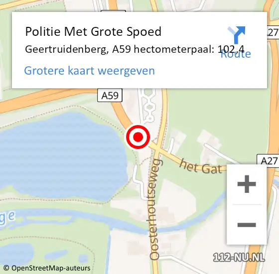 Locatie op kaart van de 112 melding: Politie Met Grote Spoed Naar Geertruidenberg, A59 hectometerpaal: 102,4 op 27 november 2023 12:20