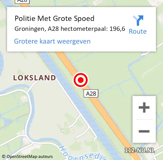 Locatie op kaart van de 112 melding: Politie Met Grote Spoed Naar Groningen, A28 hectometerpaal: 196,6 op 27 november 2023 12:30