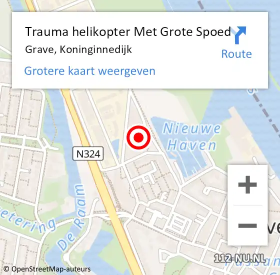 Locatie op kaart van de 112 melding: Trauma helikopter Met Grote Spoed Naar Grave, Koninginnedijk op 27 november 2023 12:47