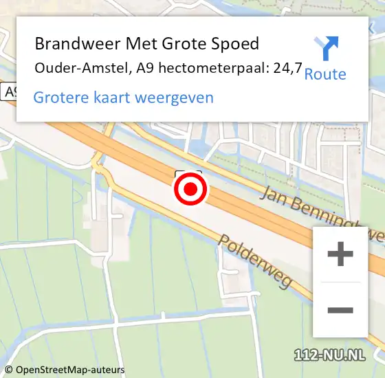 Locatie op kaart van de 112 melding: Brandweer Met Grote Spoed Naar Ouder-Amstel, A9 hectometerpaal: 24,7 op 27 november 2023 13:54