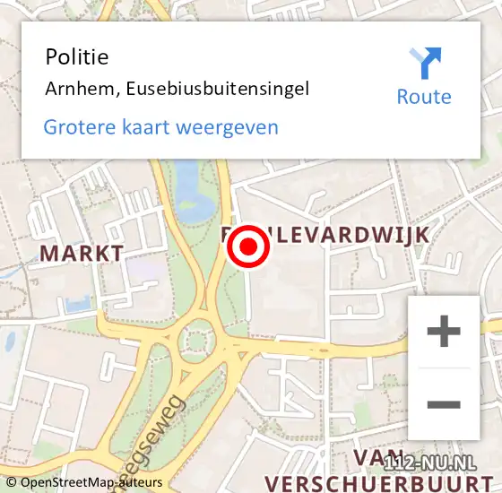 Locatie op kaart van de 112 melding: Politie Arnhem, Eusebiusbuitensingel op 27 november 2023 15:01