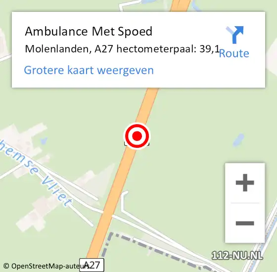 Locatie op kaart van de 112 melding: Ambulance Met Spoed Naar Molenlanden, A27 hectometerpaal: 39,1 op 27 november 2023 15:34