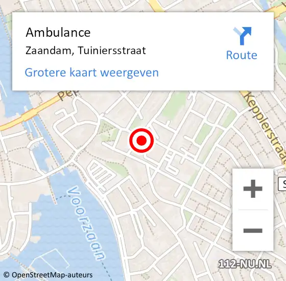 Locatie op kaart van de 112 melding: Ambulance Zaandam, Tuiniersstraat op 27 november 2023 17:24