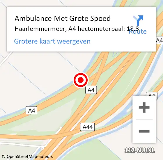 Locatie op kaart van de 112 melding: Ambulance Met Grote Spoed Naar Haarlemmermeer, A4 hectometerpaal: 18,8 op 27 november 2023 17:28