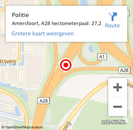 Locatie op kaart van de 112 melding: Politie Amersfoort, A28 hectometerpaal: 27,2 op 27 november 2023 17:54