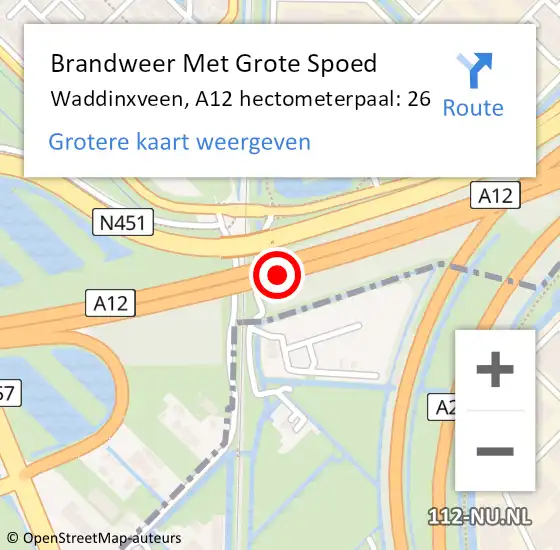 Locatie op kaart van de 112 melding: Brandweer Met Grote Spoed Naar Waddinxveen, A12 hectometerpaal: 26 op 27 november 2023 19:12