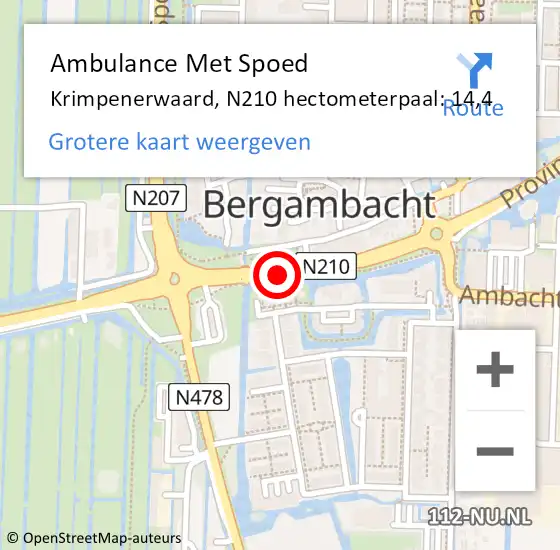 Locatie op kaart van de 112 melding: Ambulance Met Spoed Naar Krimpenerwaard, N210 hectometerpaal: 14,4 op 27 november 2023 19:18