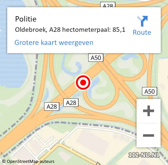 Locatie op kaart van de 112 melding: Politie Oldebroek, A28 hectometerpaal: 85,1 op 27 november 2023 20:23