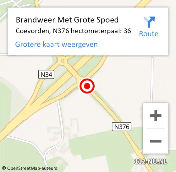 Locatie op kaart van de 112 melding: Brandweer Met Grote Spoed Naar Coevorden, N376 hectometerpaal: 36 op 27 november 2023 21:28