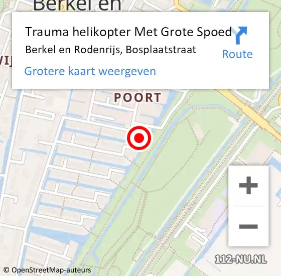 Locatie op kaart van de 112 melding: Trauma helikopter Met Grote Spoed Naar Berkel en Rodenrijs, Bosplaatstraat op 27 november 2023 22:34