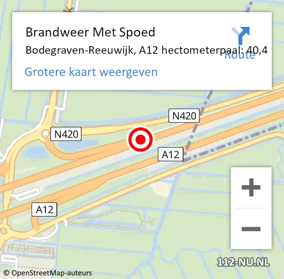 Locatie op kaart van de 112 melding: Brandweer Met Spoed Naar Bodegraven-Reeuwijk, A12 hectometerpaal: 40,4 op 27 november 2023 23:42