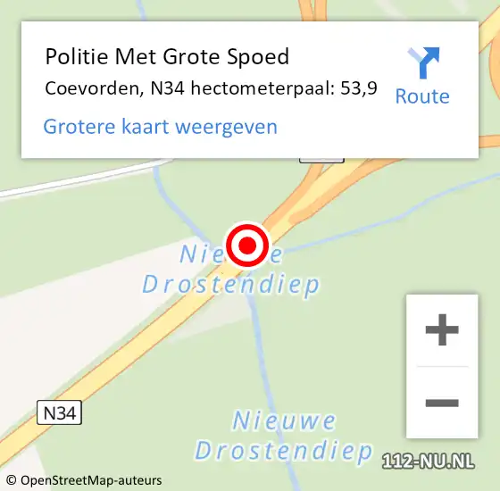 Locatie op kaart van de 112 melding: Politie Met Grote Spoed Naar Coevorden, N34 hectometerpaal: 53,9 op 27 november 2023 23:48
