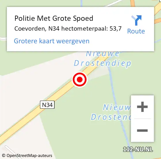 Locatie op kaart van de 112 melding: Politie Met Grote Spoed Naar Coevorden, N34 hectometerpaal: 53,7 op 27 november 2023 23:49