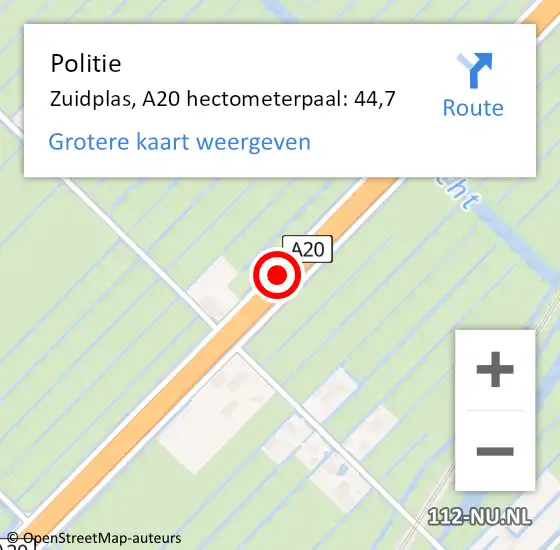 Locatie op kaart van de 112 melding: Politie Zuidplas, A20 hectometerpaal: 44,7 op 28 november 2023 00:59