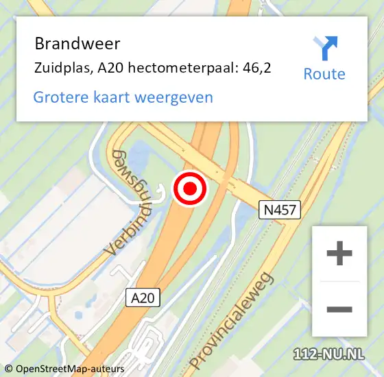 Locatie op kaart van de 112 melding: Brandweer Zuidplas, A20 hectometerpaal: 46,2 op 28 november 2023 07:10