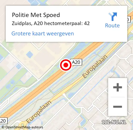 Locatie op kaart van de 112 melding: Politie Met Spoed Naar Zuidplas, A20 hectometerpaal: 42 op 28 november 2023 07:11