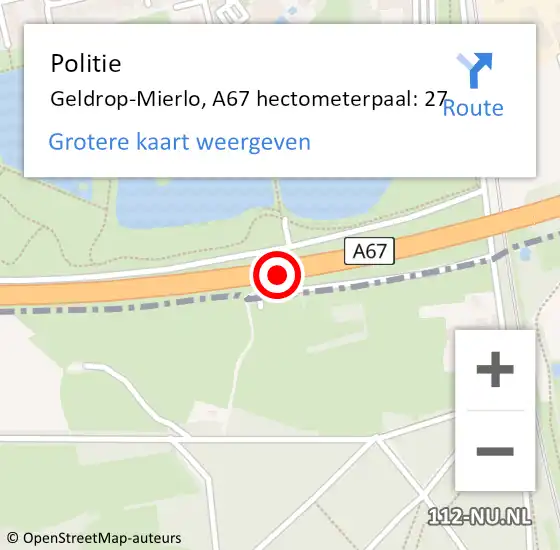 Locatie op kaart van de 112 melding: Politie Geldrop-Mierlo, A67 hectometerpaal: 27 op 28 november 2023 07:35