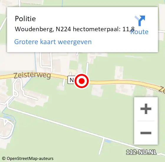 Locatie op kaart van de 112 melding: Politie Woudenberg, N224 hectometerpaal: 11,8 op 28 november 2023 08:25