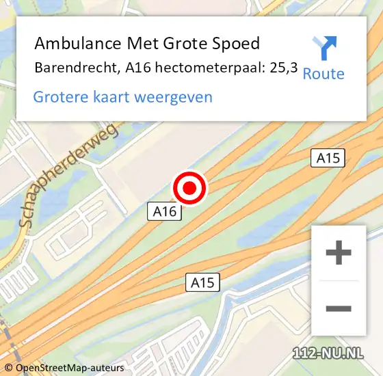 Locatie op kaart van de 112 melding: Ambulance Met Grote Spoed Naar Barendrecht, A16 hectometerpaal: 25,3 op 28 november 2023 09:13