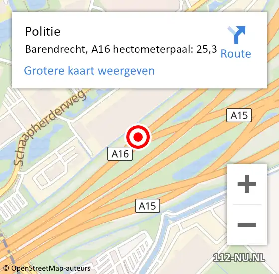 Locatie op kaart van de 112 melding: Politie Barendrecht, A16 hectometerpaal: 25,3 op 28 november 2023 09:13