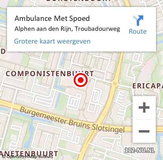 Locatie op kaart van de 112 melding: Ambulance Met Spoed Naar Alphen aan den Rijn, Troubadourweg op 28 november 2023 10:28