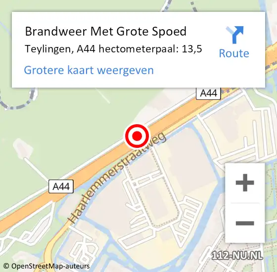 Locatie op kaart van de 112 melding: Brandweer Met Grote Spoed Naar Teylingen, A44 hectometerpaal: 13,5 op 28 november 2023 10:46