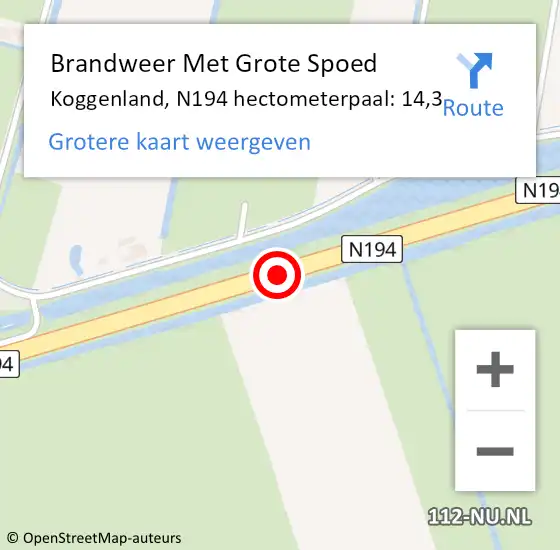 Locatie op kaart van de 112 melding: Brandweer Met Grote Spoed Naar Koggenland, N194 hectometerpaal: 14,3 op 28 november 2023 14:53