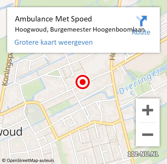 Locatie op kaart van de 112 melding: Ambulance Met Spoed Naar Hoogwoud, Burgemeester Hoogenboomlaan op 28 november 2023 15:38