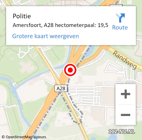 Locatie op kaart van de 112 melding: Politie Amersfoort, A28 hectometerpaal: 19,5 op 28 november 2023 16:01