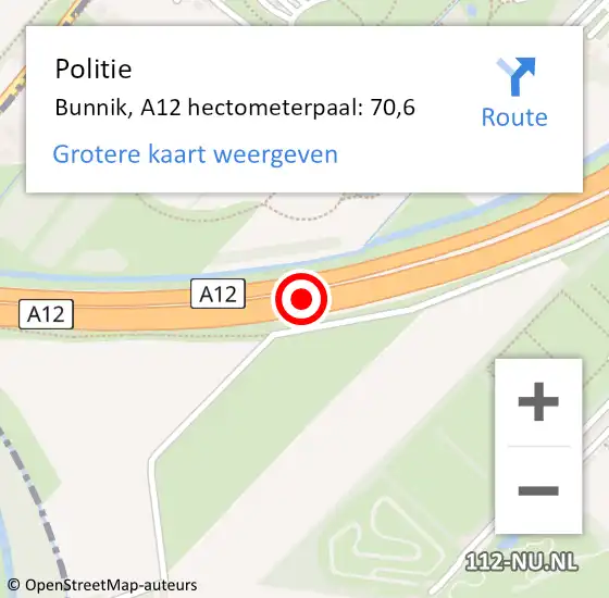 Locatie op kaart van de 112 melding: Politie Bunnik, A12 hectometerpaal: 70,6 op 28 november 2023 16:07