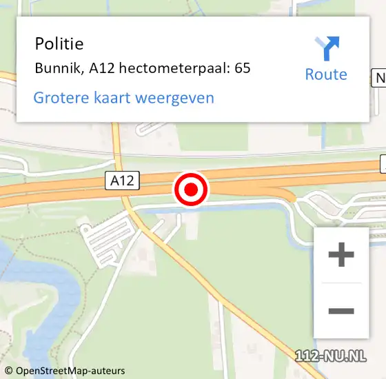 Locatie op kaart van de 112 melding: Politie Bunnik, A12 hectometerpaal: 65 op 28 november 2023 17:06