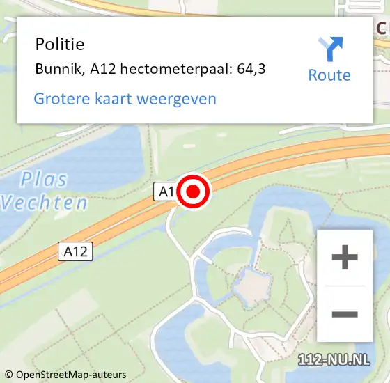 Locatie op kaart van de 112 melding: Politie Bunnik, A12 hectometerpaal: 64,3 op 28 november 2023 17:07