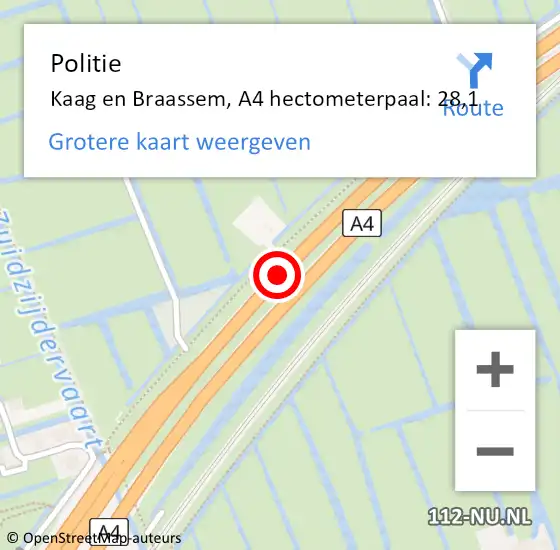 Locatie op kaart van de 112 melding: Politie Kaag en Braassem, A4 hectometerpaal: 28,1 op 28 november 2023 17:26