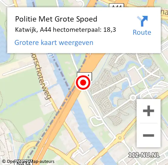 Locatie op kaart van de 112 melding: Politie Met Grote Spoed Naar Katwijk, A44 hectometerpaal: 18,3 op 28 november 2023 17:35