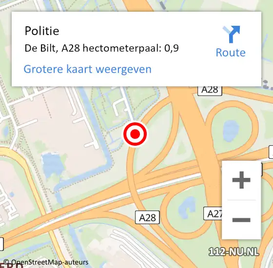 Locatie op kaart van de 112 melding: Politie De Bilt, A28 hectometerpaal: 0,9 op 28 november 2023 17:37