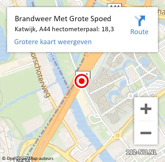 Locatie op kaart van de 112 melding: Brandweer Met Grote Spoed Naar Katwijk, A44 hectometerpaal: 18,3 op 28 november 2023 17:47