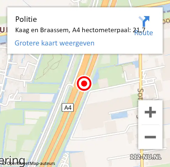 Locatie op kaart van de 112 melding: Politie Kaag en Braassem, A4 hectometerpaal: 21,7 op 28 november 2023 17:52