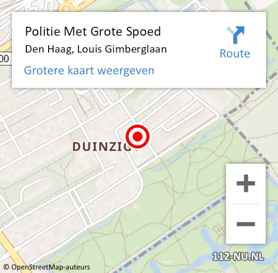 Locatie op kaart van de 112 melding: Politie Met Grote Spoed Naar Den Haag, Louis Gimberglaan op 28 november 2023 18:01