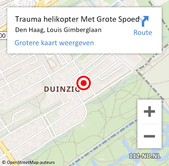 Locatie op kaart van de 112 melding: Trauma helikopter Met Grote Spoed Naar Den Haag, Louis Gimberglaan op 28 november 2023 18:02