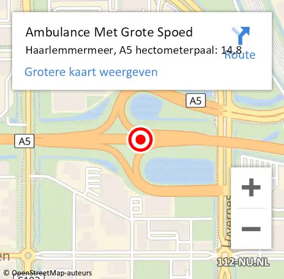 Locatie op kaart van de 112 melding: Ambulance Met Grote Spoed Naar Haarlemmermeer, A5 hectometerpaal: 14,8 op 28 november 2023 18:15