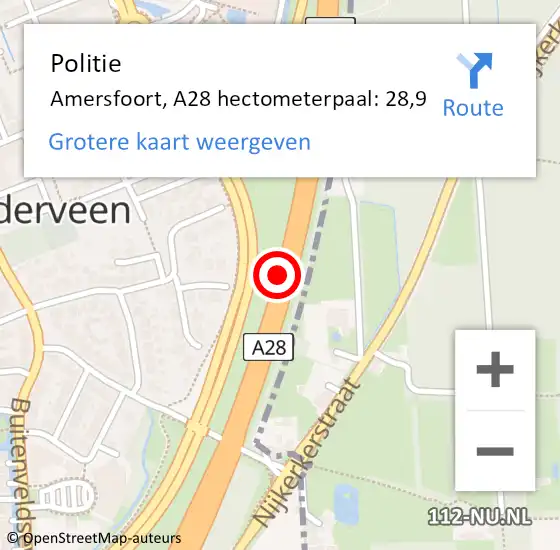 Locatie op kaart van de 112 melding: Politie Amersfoort, A28 hectometerpaal: 28,9 op 28 november 2023 18:30