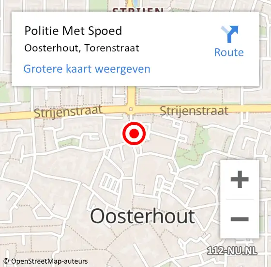 Locatie op kaart van de 112 melding: Politie Met Spoed Naar Oosterhout, Torenstraat op 28 november 2023 19:20