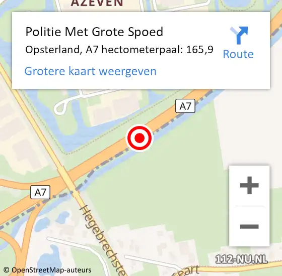 Locatie op kaart van de 112 melding: Politie Met Grote Spoed Naar Opsterland, A7 hectometerpaal: 165,9 op 28 november 2023 19:45