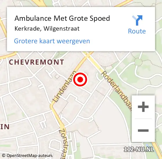 Locatie op kaart van de 112 melding: Ambulance Met Grote Spoed Naar Kerkrade, Wilgenstraat op 16 september 2014 18:29