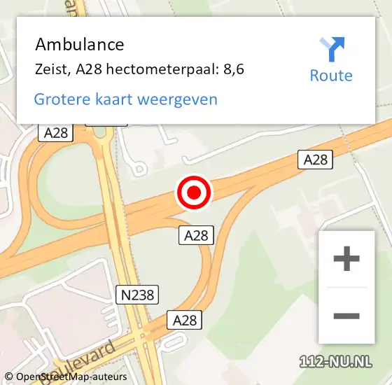 Locatie op kaart van de 112 melding: Ambulance Zeist, A28 hectometerpaal: 8,6 op 28 november 2023 20:49