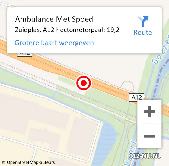 Locatie op kaart van de 112 melding: Ambulance Met Spoed Naar Zuidplas, A12 hectometerpaal: 19,2 op 28 november 2023 22:40