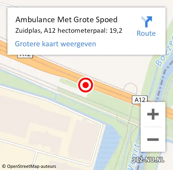 Locatie op kaart van de 112 melding: Ambulance Met Grote Spoed Naar Zuidplas, A12 hectometerpaal: 19,2 op 28 november 2023 22:40