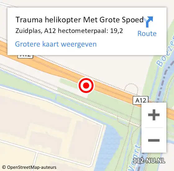 Locatie op kaart van de 112 melding: Trauma helikopter Met Grote Spoed Naar Zuidplas, A12 hectometerpaal: 19,2 op 28 november 2023 22:42